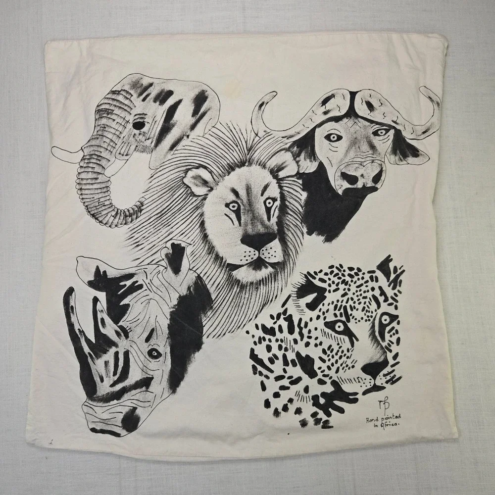 VTG Hand Painted African Wildlife Pillow Cover Ivory Black Lion Elephant Rhino S